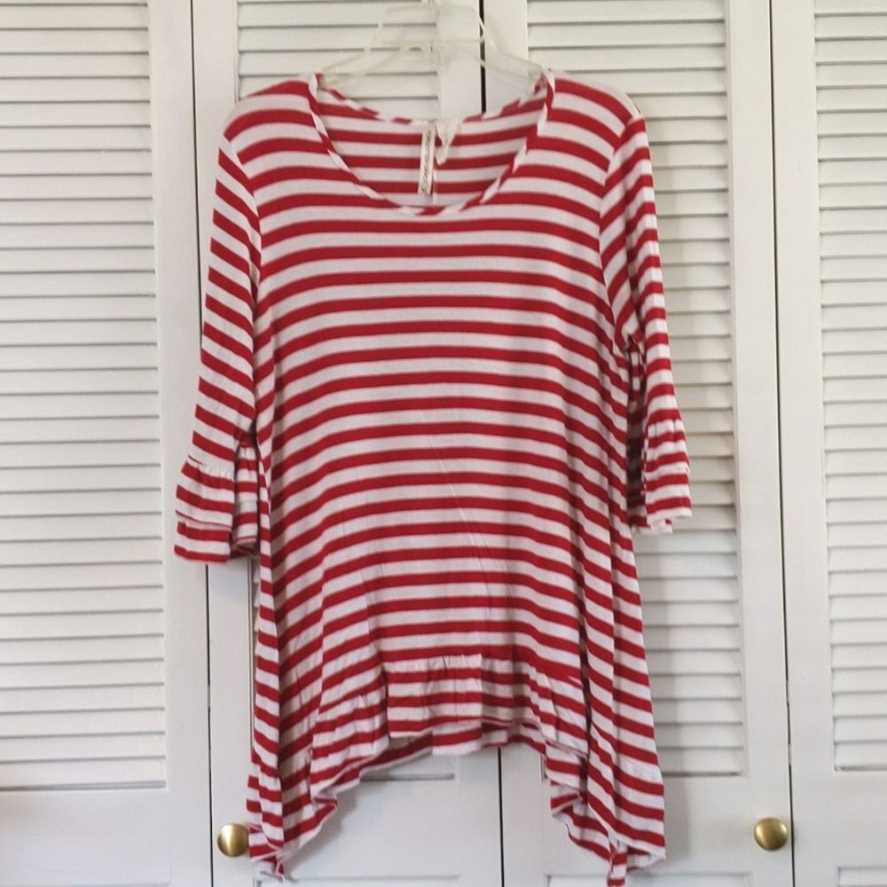Forgotten Grace Red White Stripe Flutter Top Women's size M